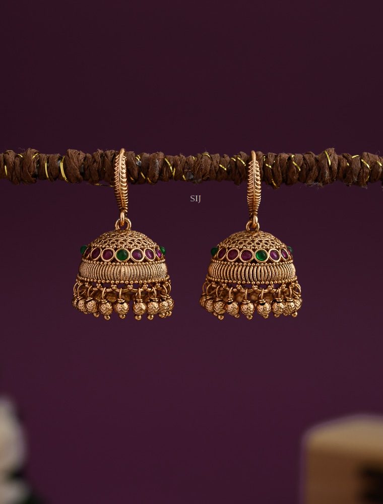 Imitation Kemp Stones Hook Jhumkas with Gold Beads Hangings