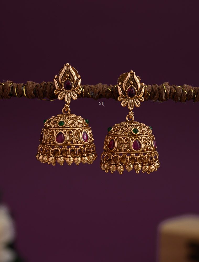 Gold Plated Floral Design Jhumkas with Gold Beads Hangings