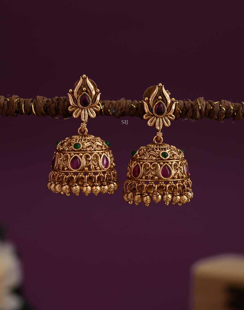 Gold Plated Floral Design Jhumkas with Gold Beads Hangings