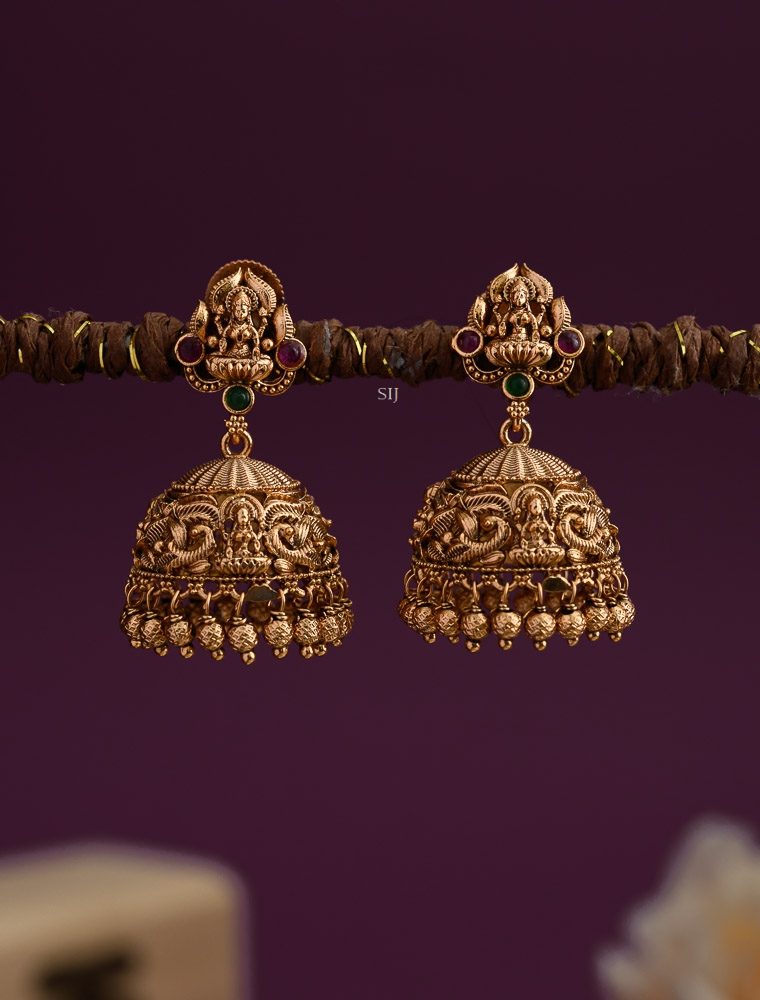 Gold Finish Lakshmi Jhumkas with Gold Beads Hangings