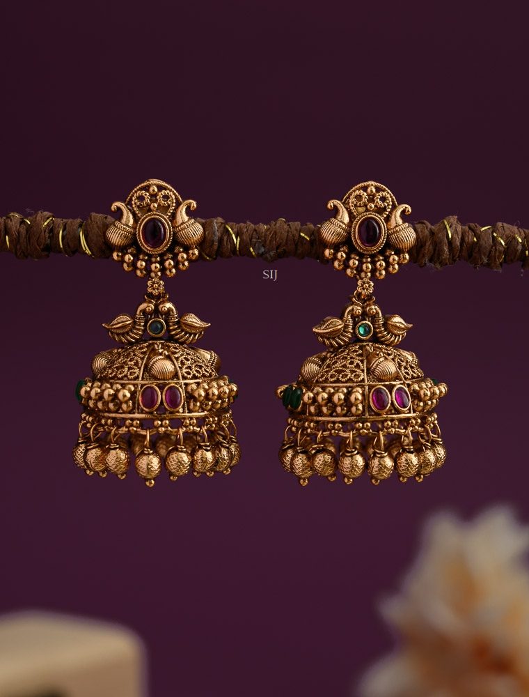 Matte Finish Dual Peacock Ruby and Green Stones Jhumkas