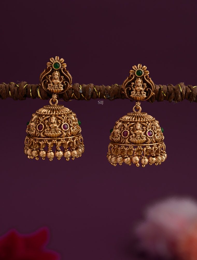 Traditional Floral Kemp Stones Jhumkas with Lakshmi Devi