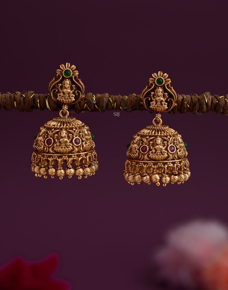 Traditional Floral Kemp Stones Jhumkas with Lakshmi Devi