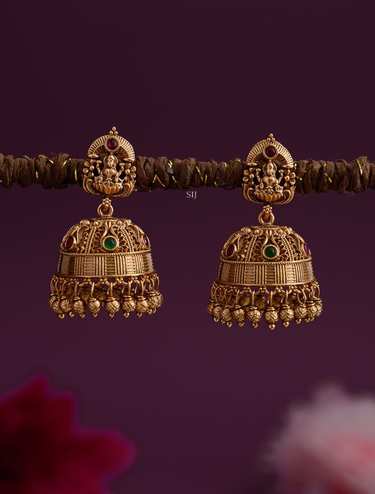 Gold Plated Lakshmi Jhumkas with Gold Beads Hangings