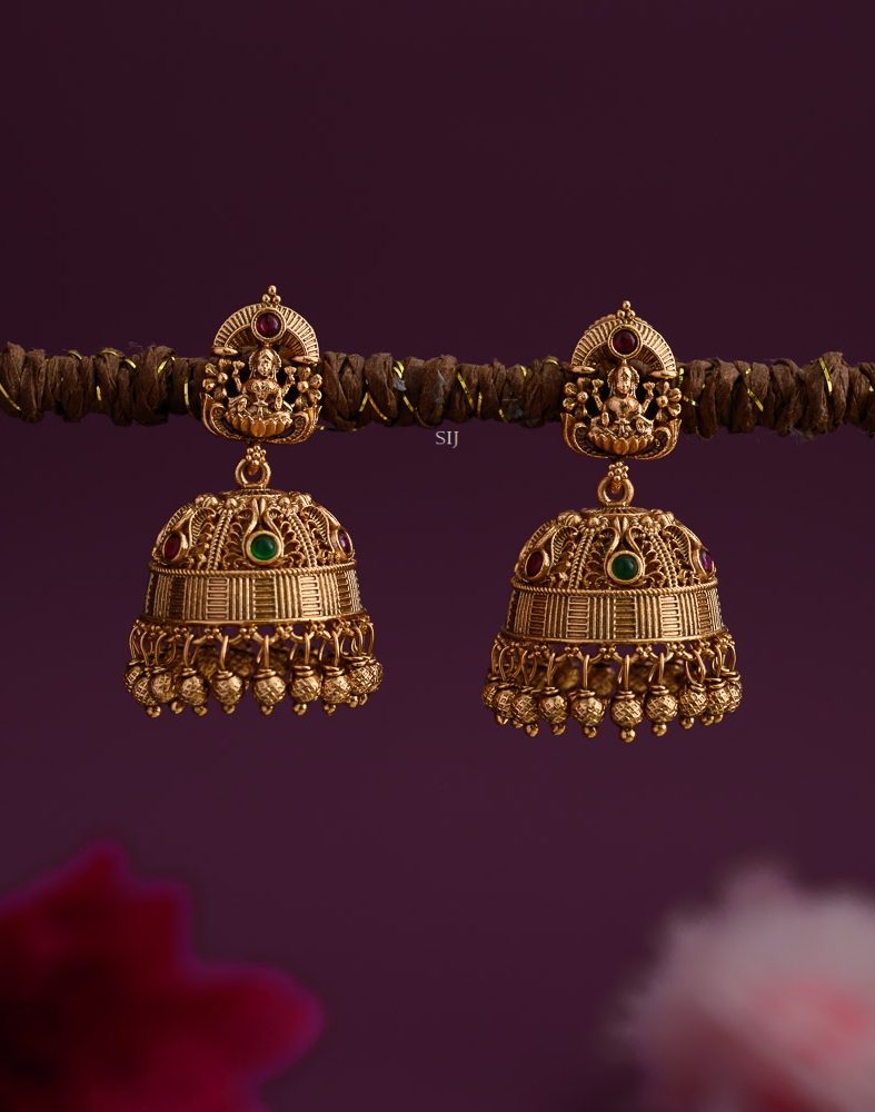 Gold Plated Lakshmi Jhumkas with Gold Beads Hangings