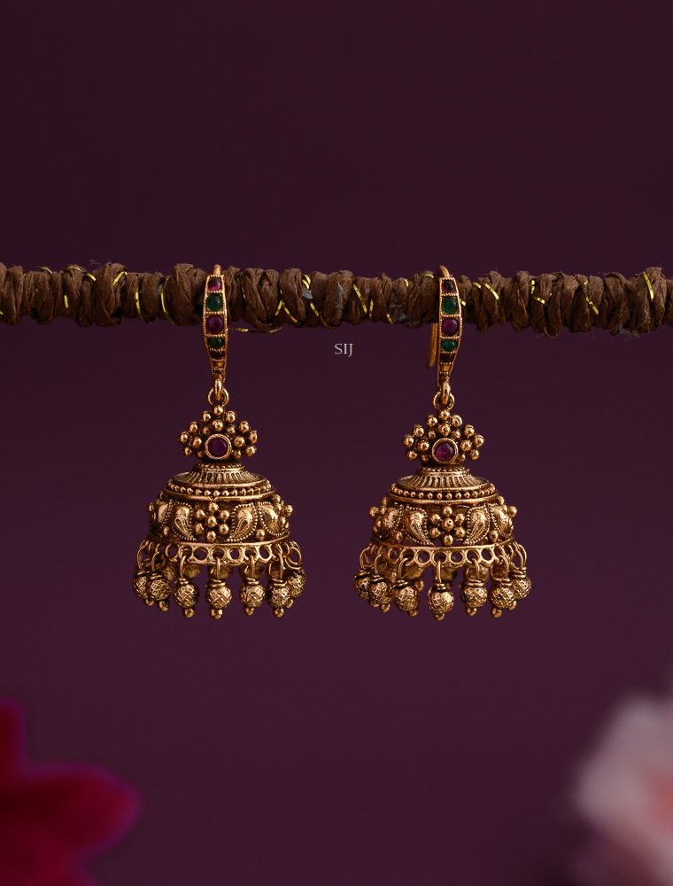 Imitation Ruby and Green Stones Floral Design Hook Jhumkas