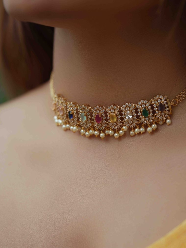 Gold Finish Multi Color Stones Choker