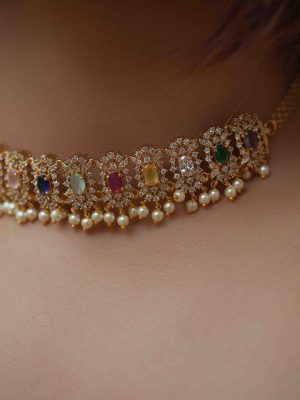 Gold Finish Multi Color Stones Choker