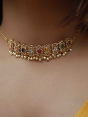 Gold Finish Multi Color Stones Choker