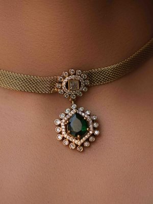 Gold Finish Emerald Stone Pendant Chain Choker