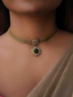 Gold Finish Emerald Stone Pendant Chain Choker