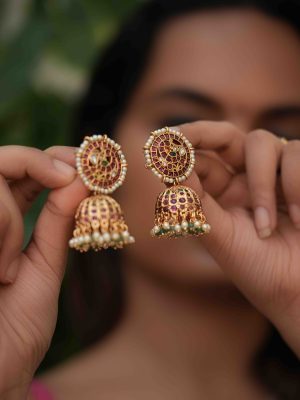 Peacock Design Kemp Stones Jhumkas with Pearl Hangings