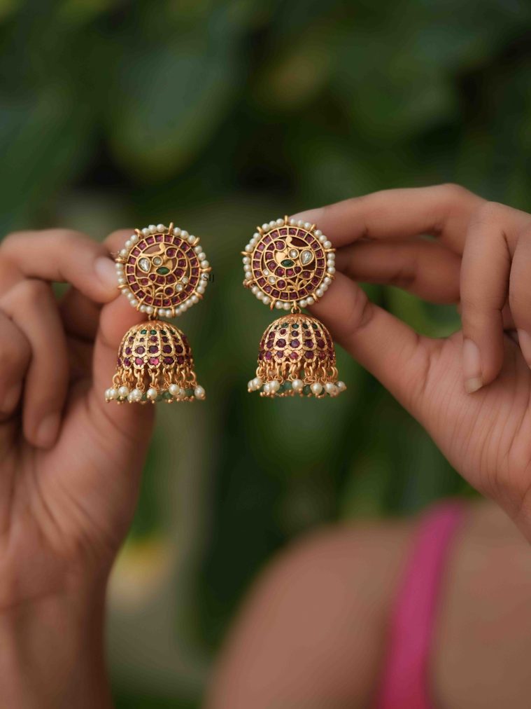 Peacock Design Kemp Stones Jhumkas with Pearl Hangings