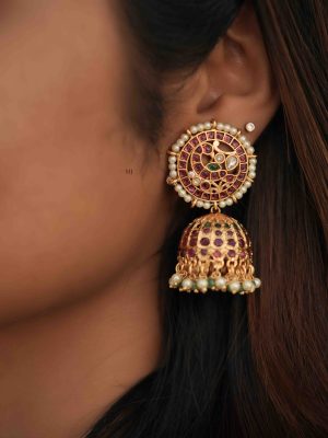 Peacock Design Kemp Stones Jhumkas with Pearl Hangings