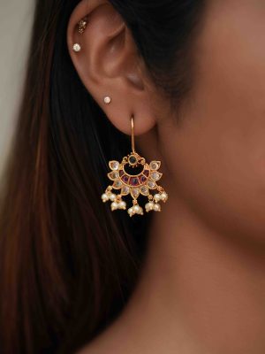 Gold Plated Kemp Stones Chand Bali Hook Earrings