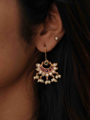 Gold Plated Kemp Stones Chand Bali Hook Earrings