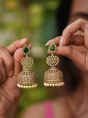 Gold Finish White Stones Jhumkas with Pearl Hangings