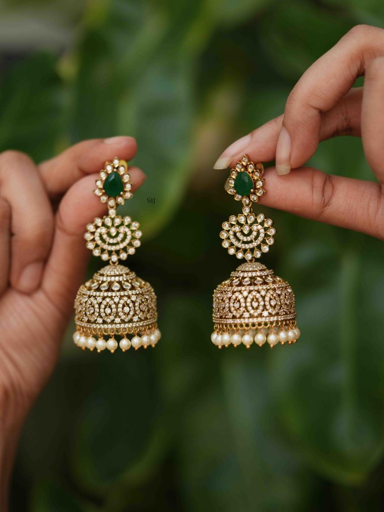 Gold Finish White Stones Jhumkas with Pearl Hangings