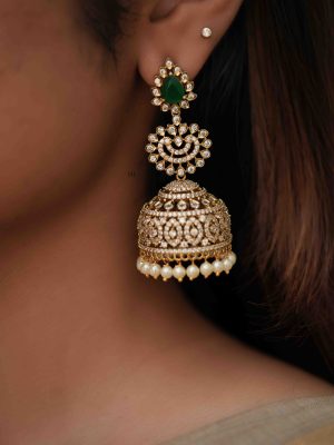 Gold Finish White Stones Jhumkas with Pearl Hangings