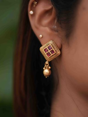 Antique Finish Ruby Stones Earrings with Gold Bead Hangings