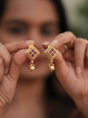 Antique Finish Ruby Stones Earrings with Gold Bead Hangings