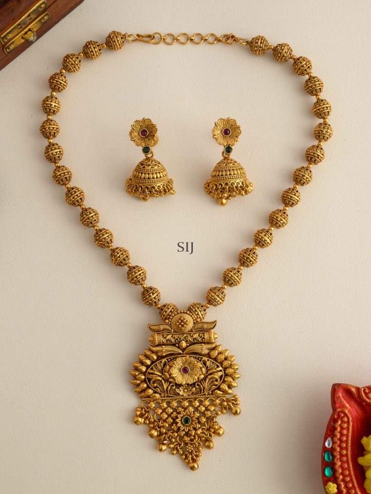 Antique Finish Beaded Haram With Jhumkas