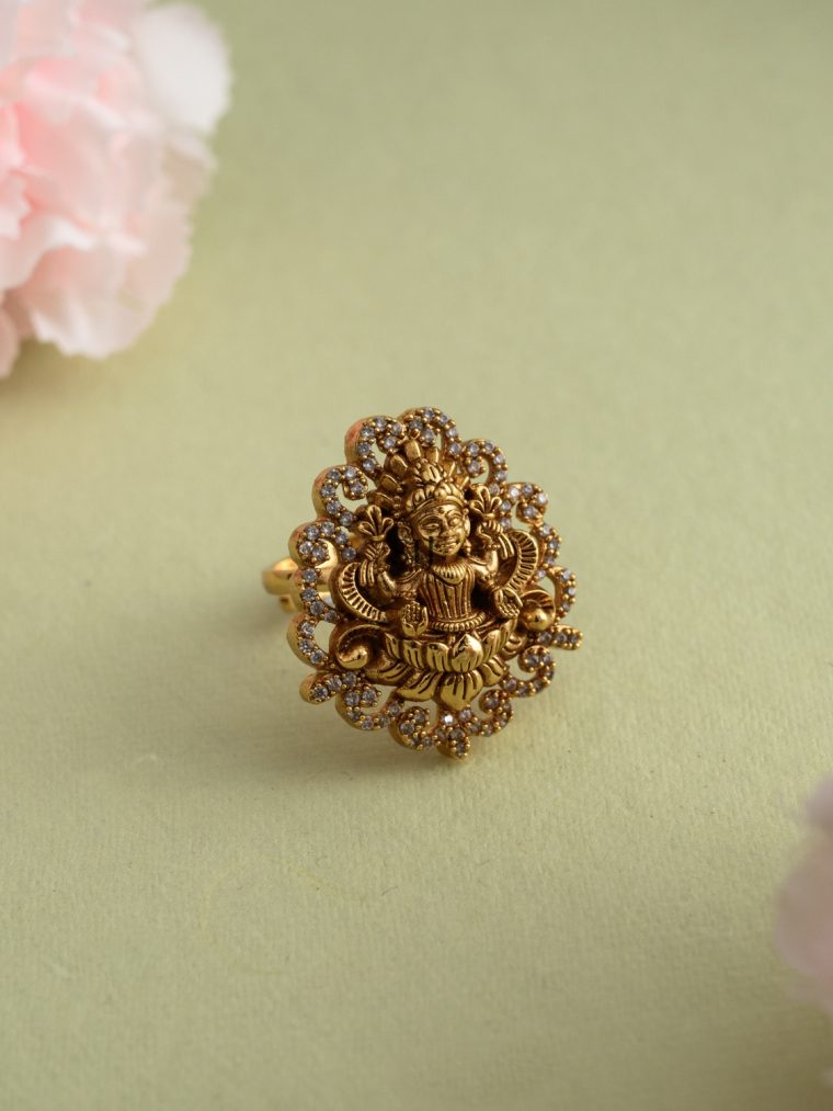 Antique Finish White Stones Studded Lakshmi Finger Ring