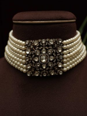 Artificial Oxidized Pearl Polki Choker