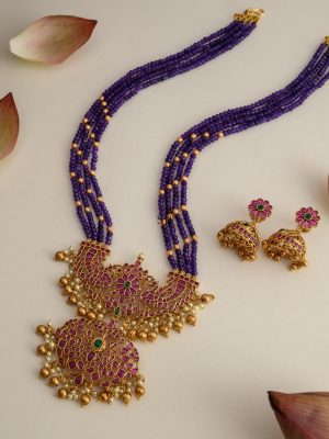 Dual Peacock Design Violet Beaded Haram