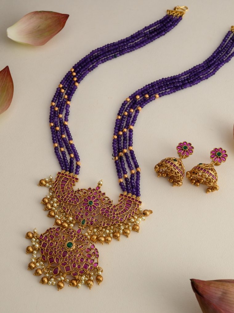 Dual Peacock Design Violet Beaded Haram