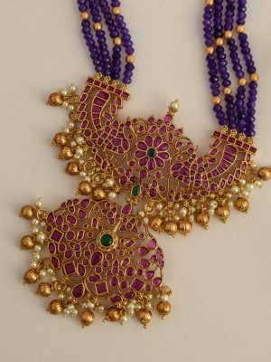 Dual Peacock Design Violet Beaded Haram