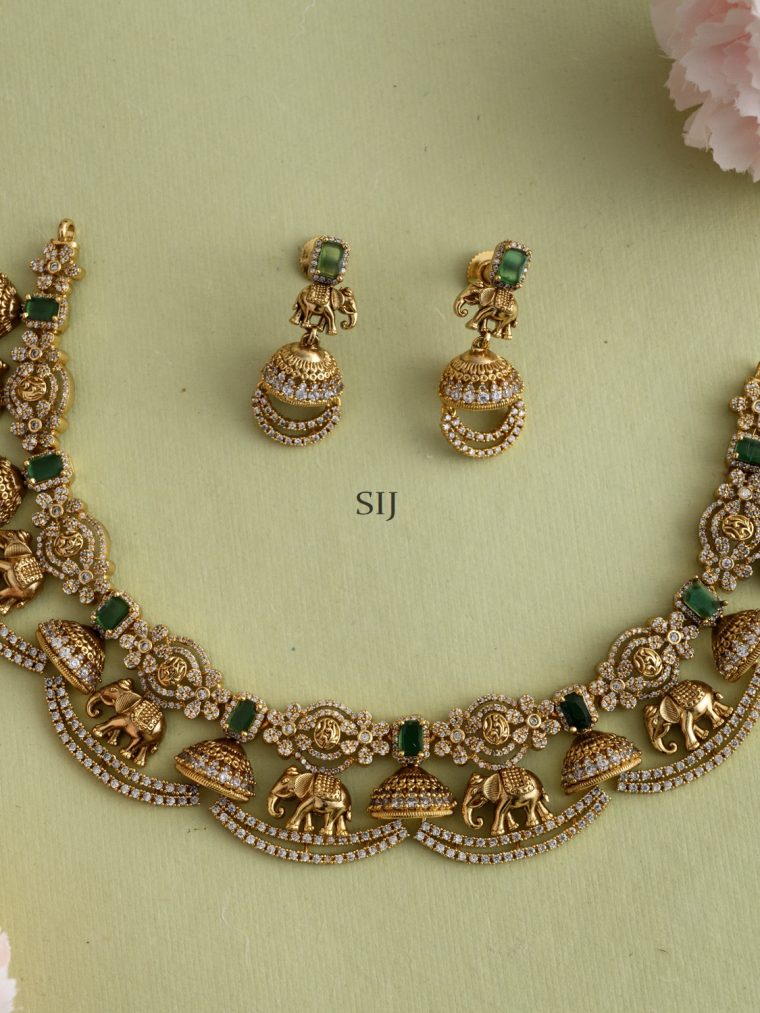 Elephant& Jhumka Design Madhukavi Green Stones Necklace