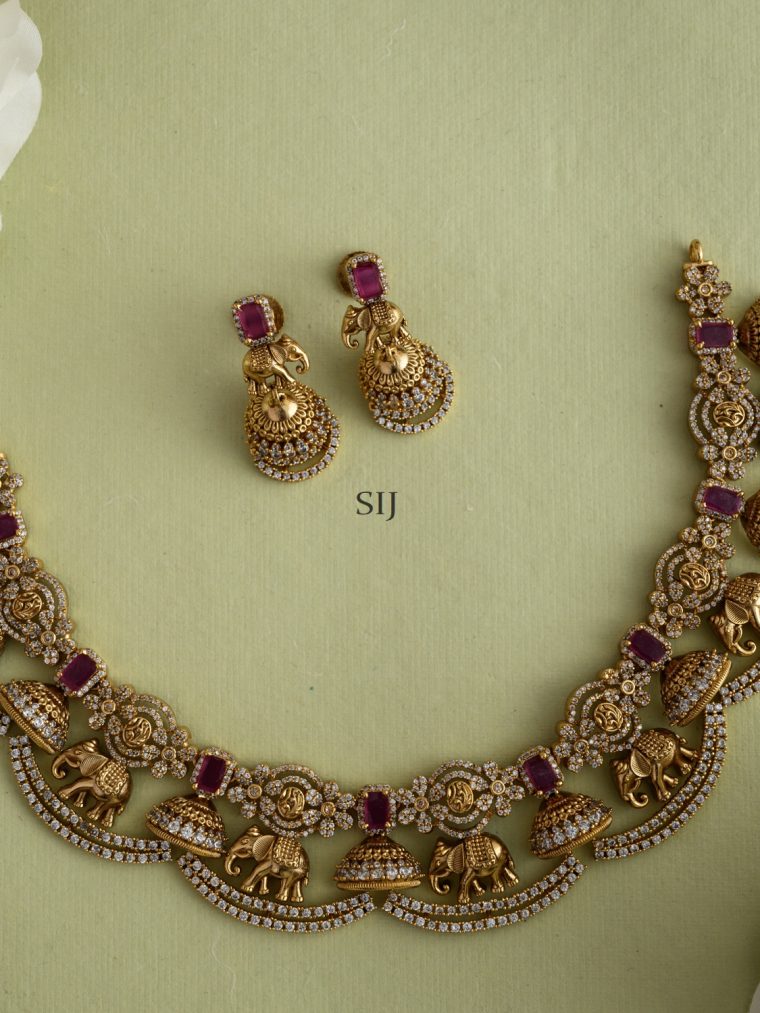 Elephant& Jhumka Design Madhukavi Ruby Stones Necklace