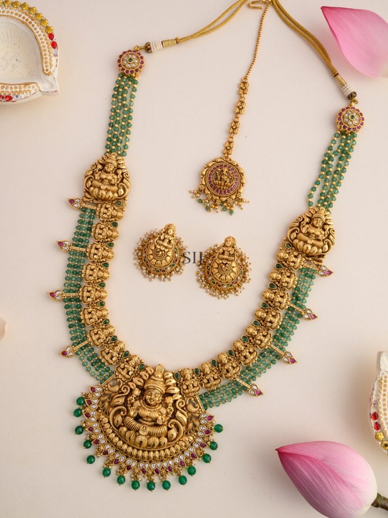 Gold Finish Lakshmi Bridal Haram With Tikka &Earrings