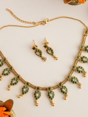 Gold Finish Mango Design Green Kemp Stones Necklace