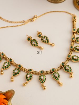 Gold Finish Mango Design Green Kemp Stones Necklace