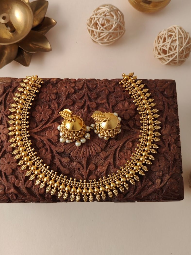 Gold Look Alike Necklace With Pearl Drop Jhumkas