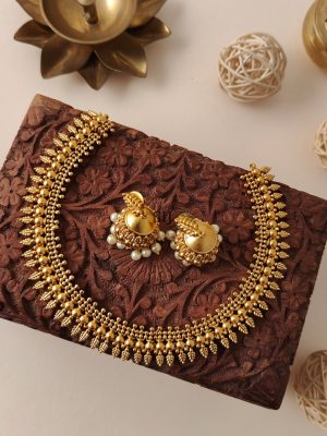 Gold Look Alike Necklace With Pearl Drop Jhumkas