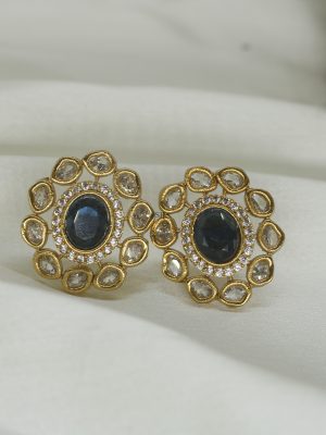 Gold Plated AD Oval Kundan Ear Studs