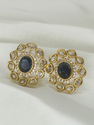 Gold Plated AD Oval Kundan Ear Studs