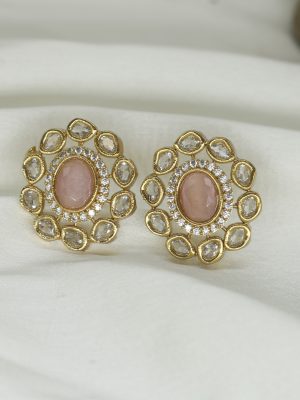 Gold Plated AD Oval Kundan Ear Studs