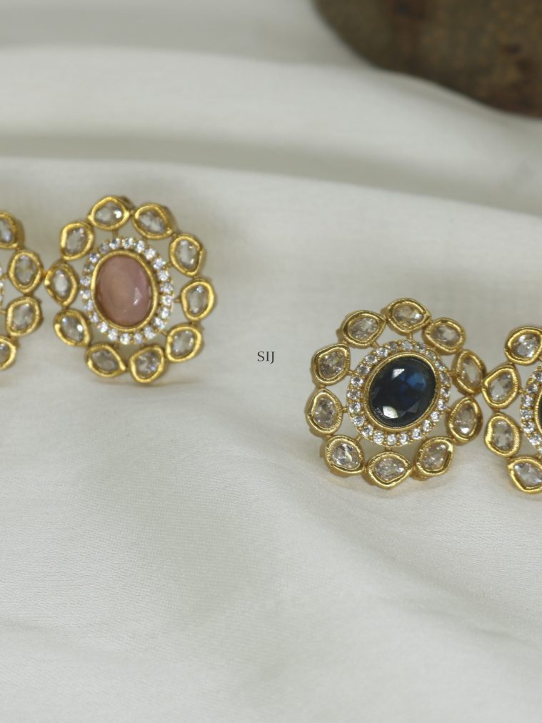 Gold Plated AD Oval Kundan Ear Studs