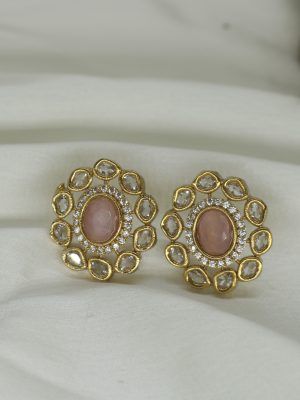 Gold Plated AD Oval Kundan Ear Studs