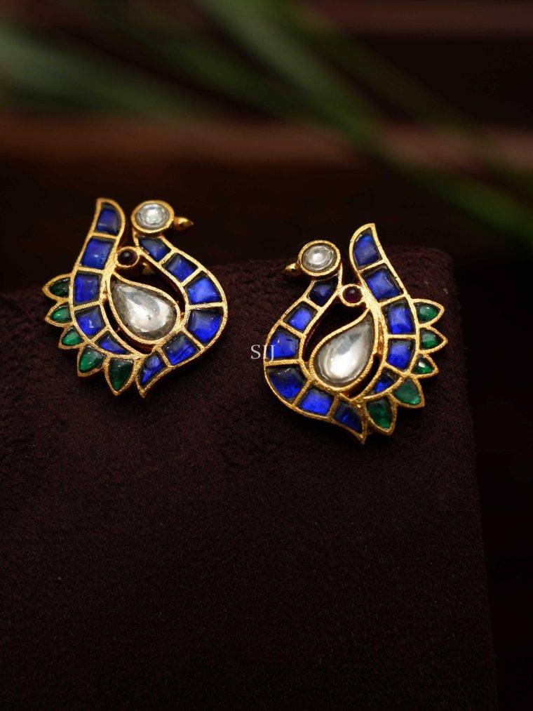 Gold Plated Blue Polki Ear Studs