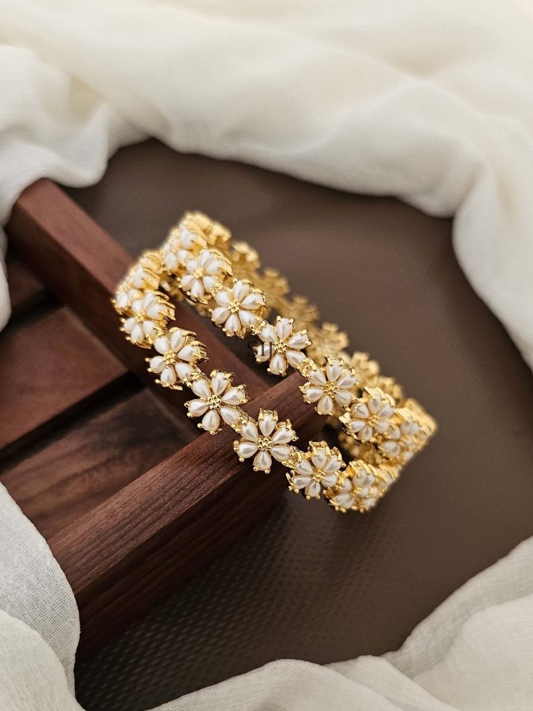 Gold Plated Flower Design Pearl Bangles