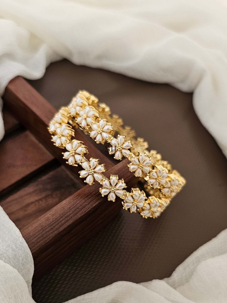 Gold Plated Flower Design Pearl Bangles