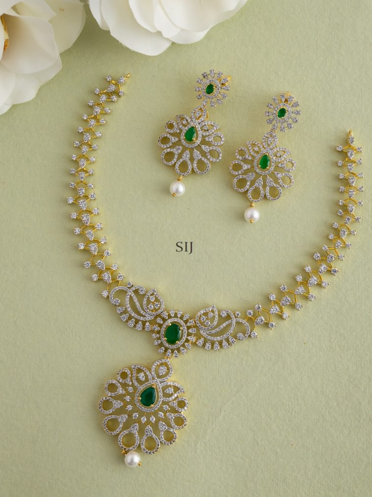 Gold Plated White& Riya Green Stones Necklace