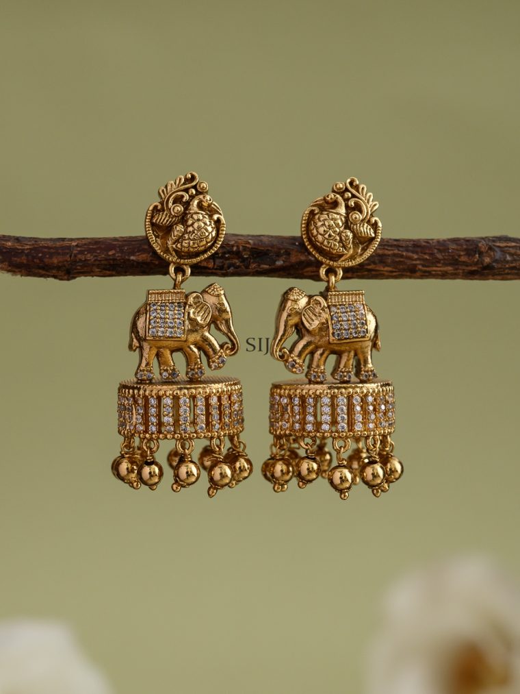 Gold Plated White Stones Elephant Design Jhumkas