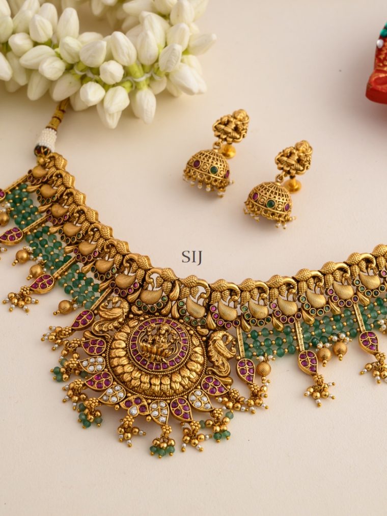 Green Beaded Multicolor Stones Lakshmi Choker