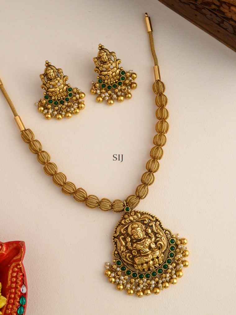 Lakshmi Pendant Green Stones Beaded Drop Necklace